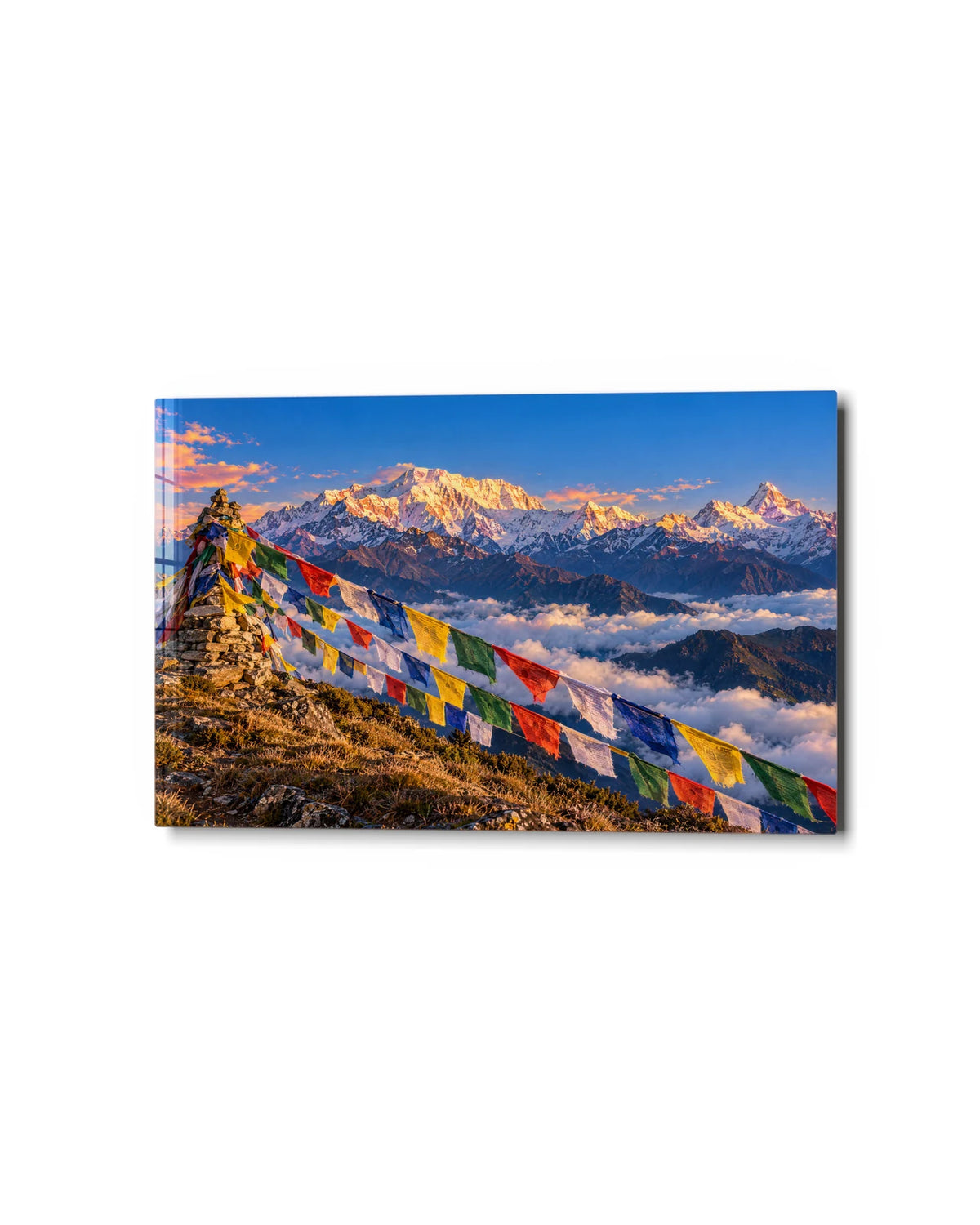 Prayer Flags over the Clouds — studio view of glass wall art