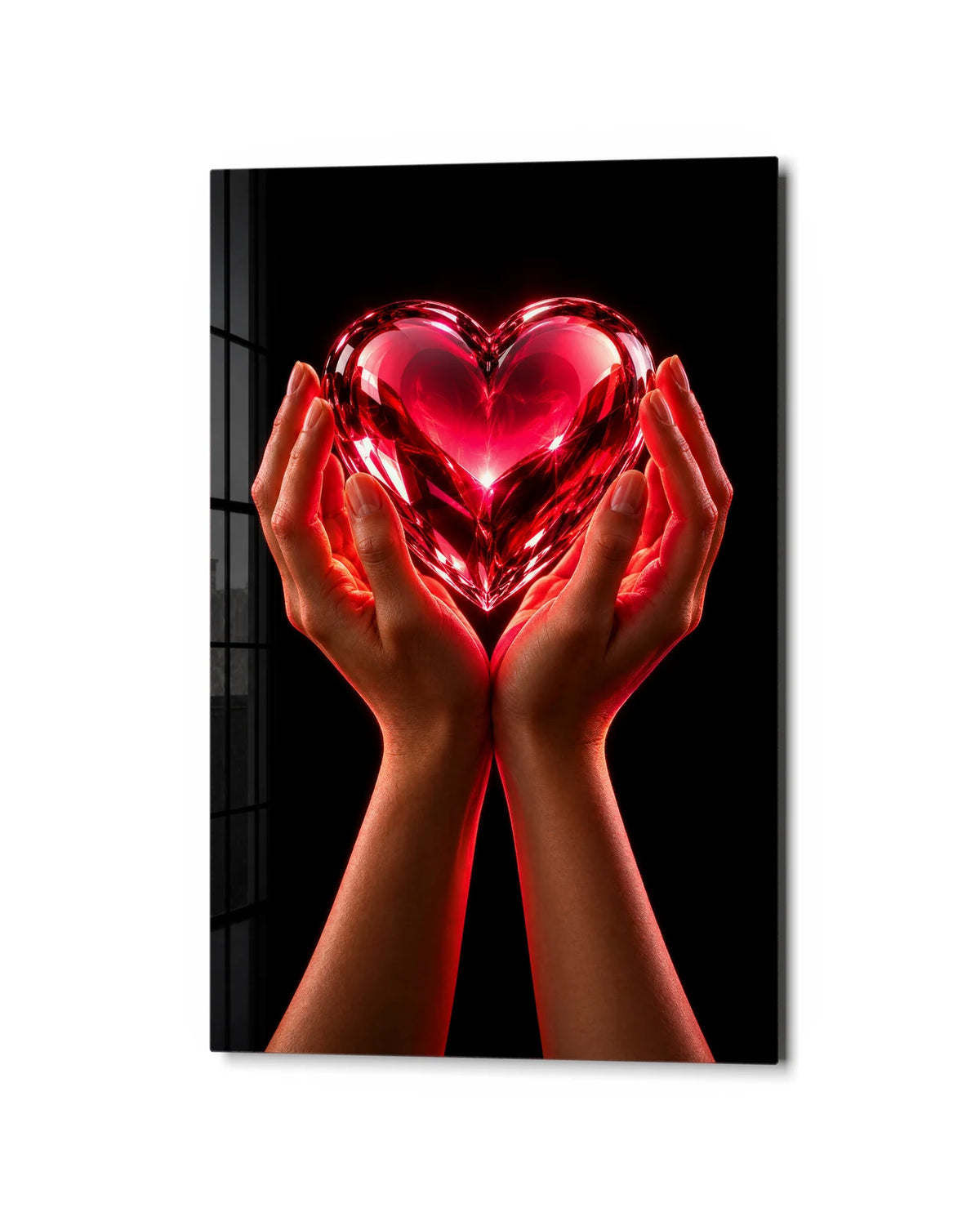 Glass Heart in Hands — studio view of glass wall art