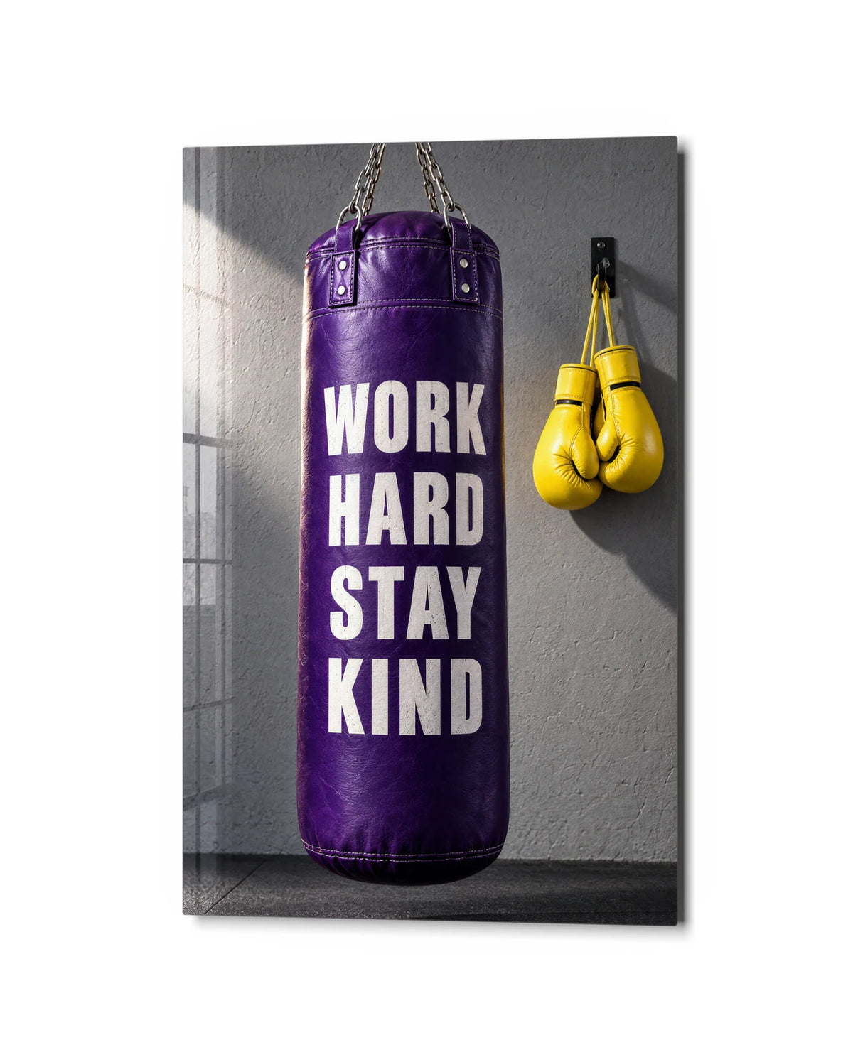 Work Hard Stay Kind — studio view of glass wall art