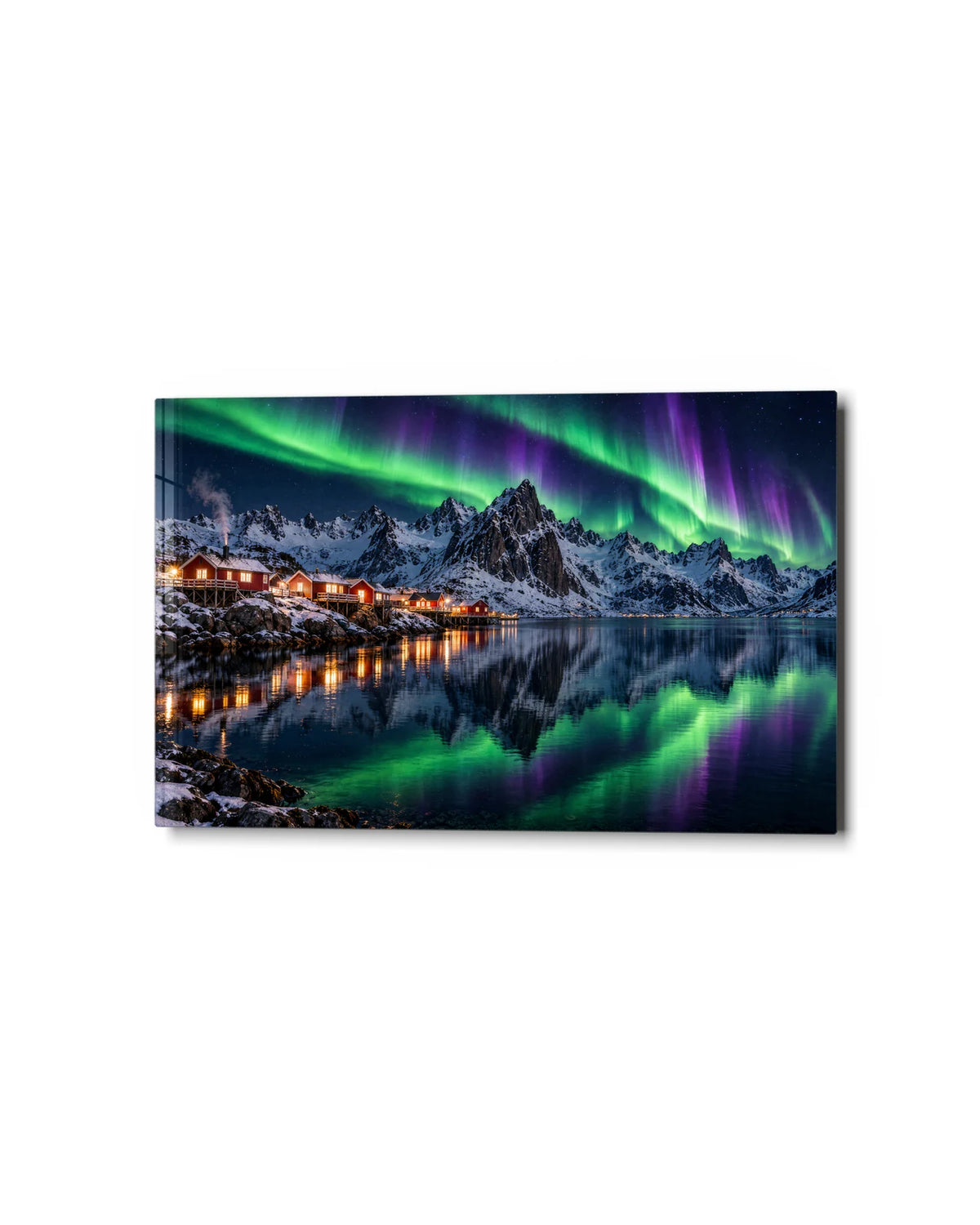 Hamnoy Under the Aurora — studio view of glass wall art