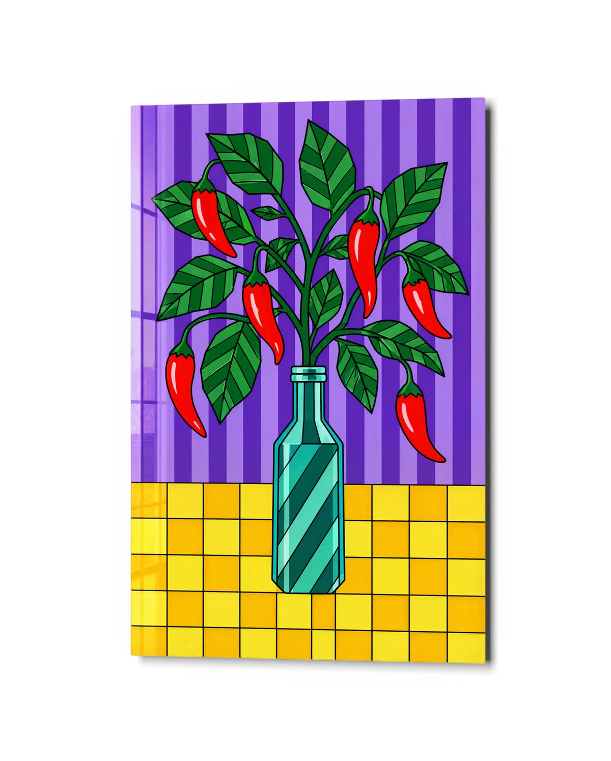 Chillies in a Bottle — studio view of glass wall art