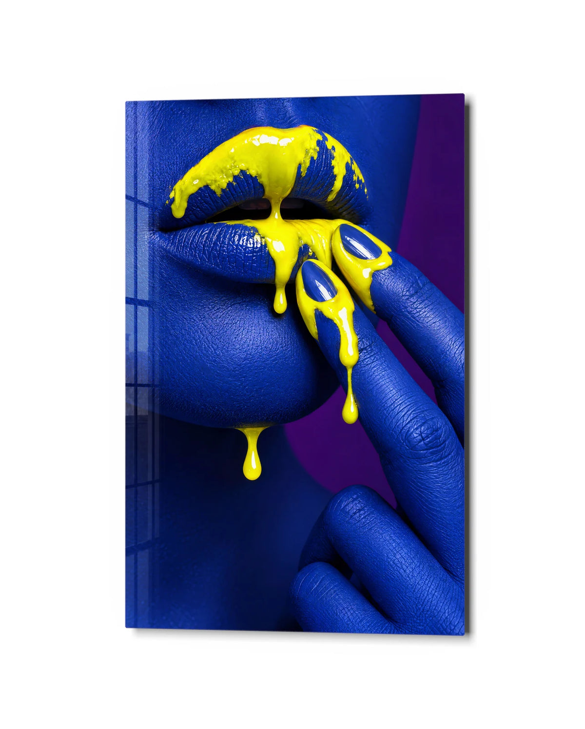 Honey on Cobalt — studio view of glass wall art