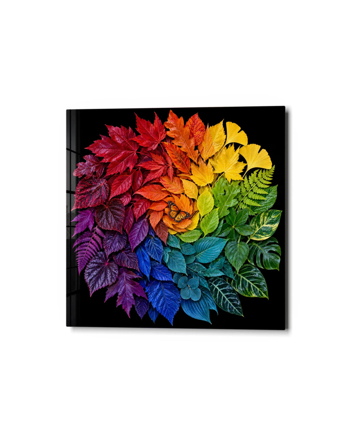 Rainbow of Leaves — studio view of glass wall art