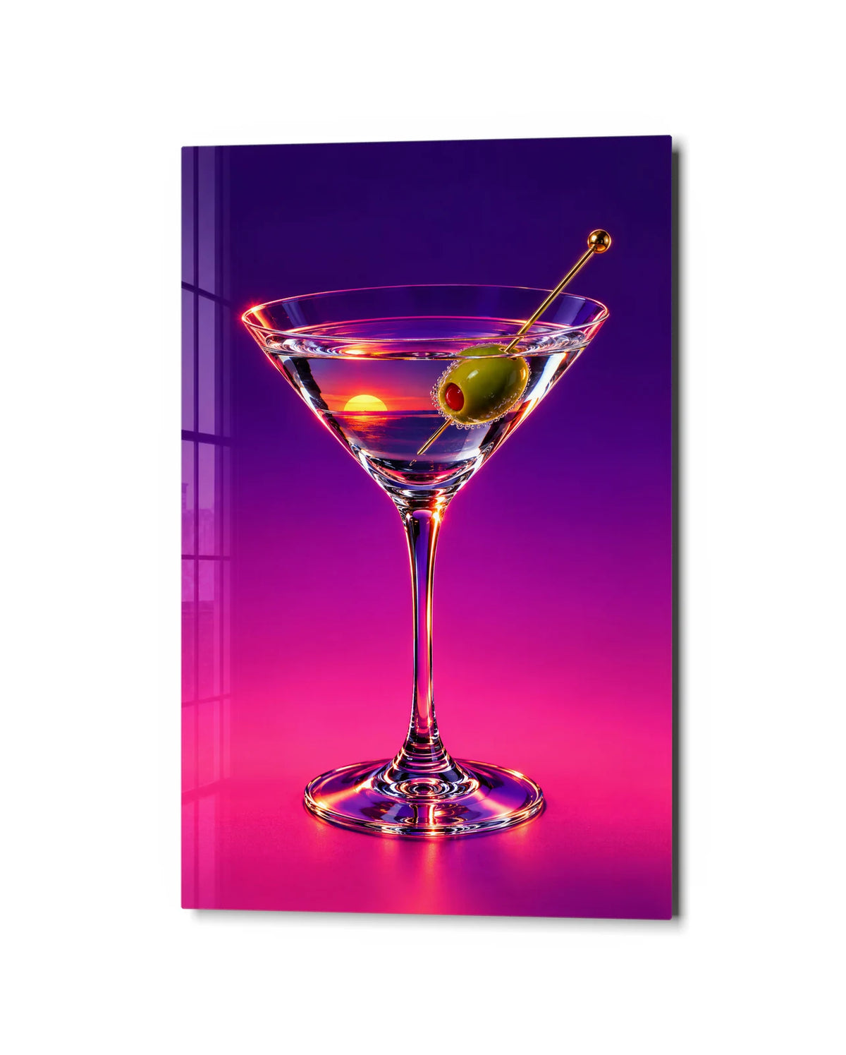 Martini at Sunset — studio view of glass wall art