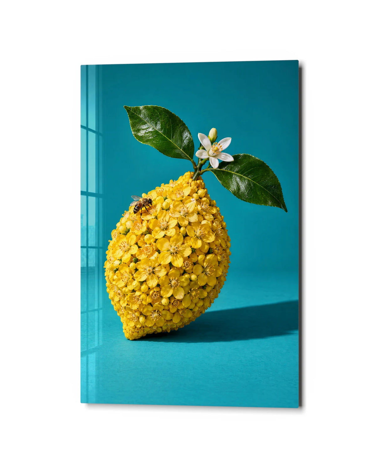 Lemon Made of Flowers — studio view of glass wall art