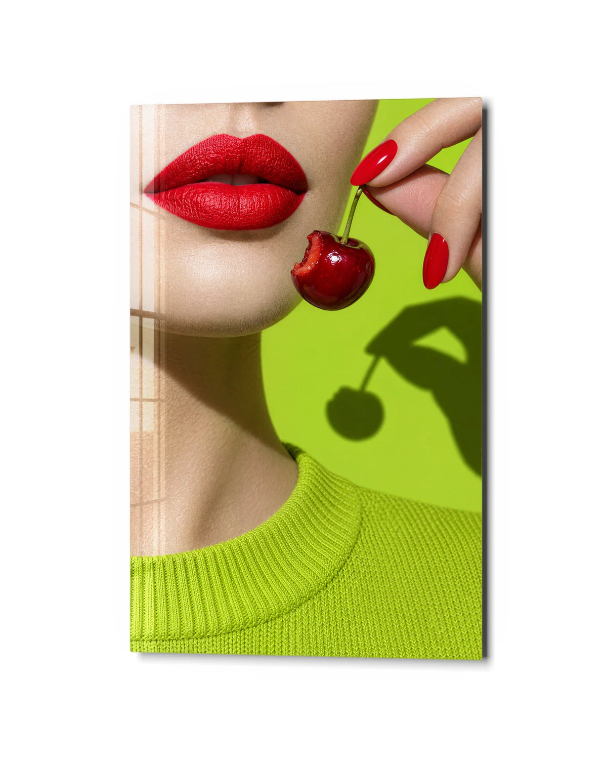 Cherry Lips — studio view of glass wall art