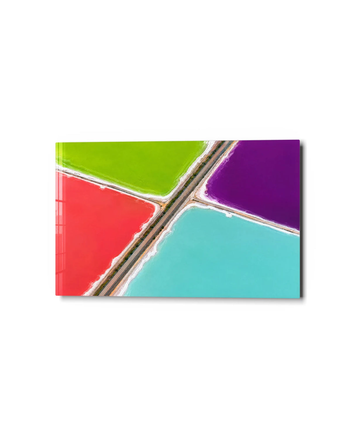 Salt Ponds From Above — studio view of glass wall art