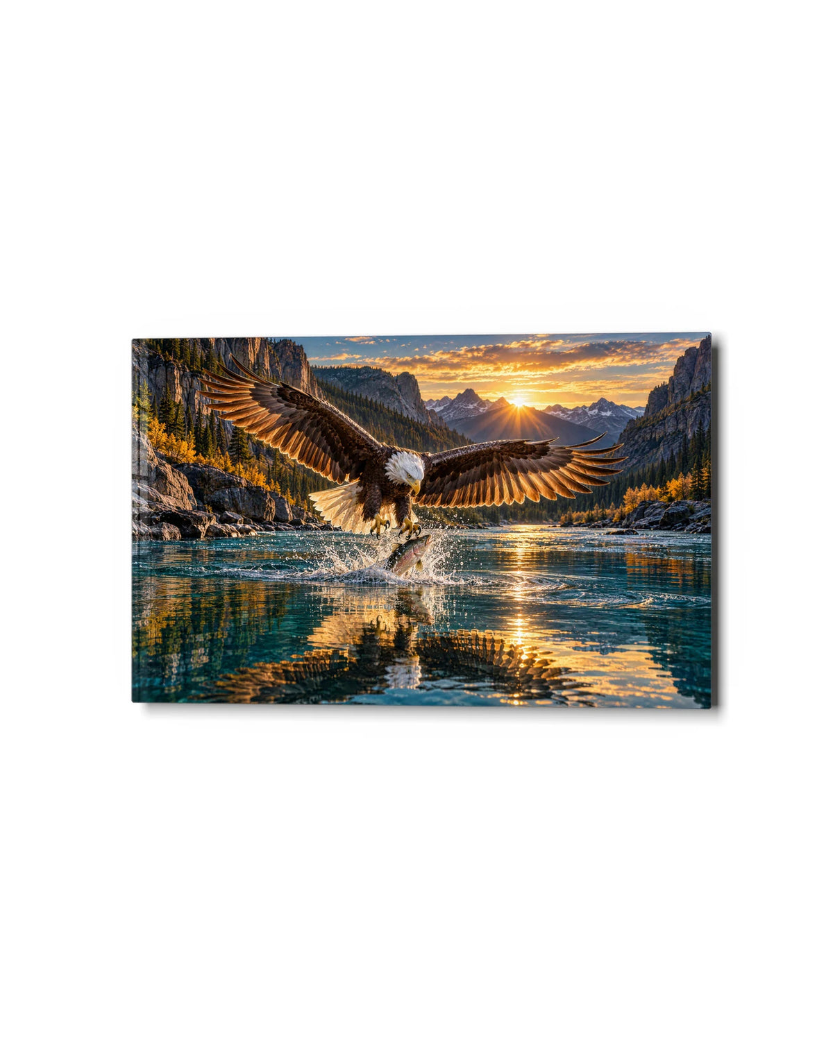 Eagle over the River — studio view of glass wall art