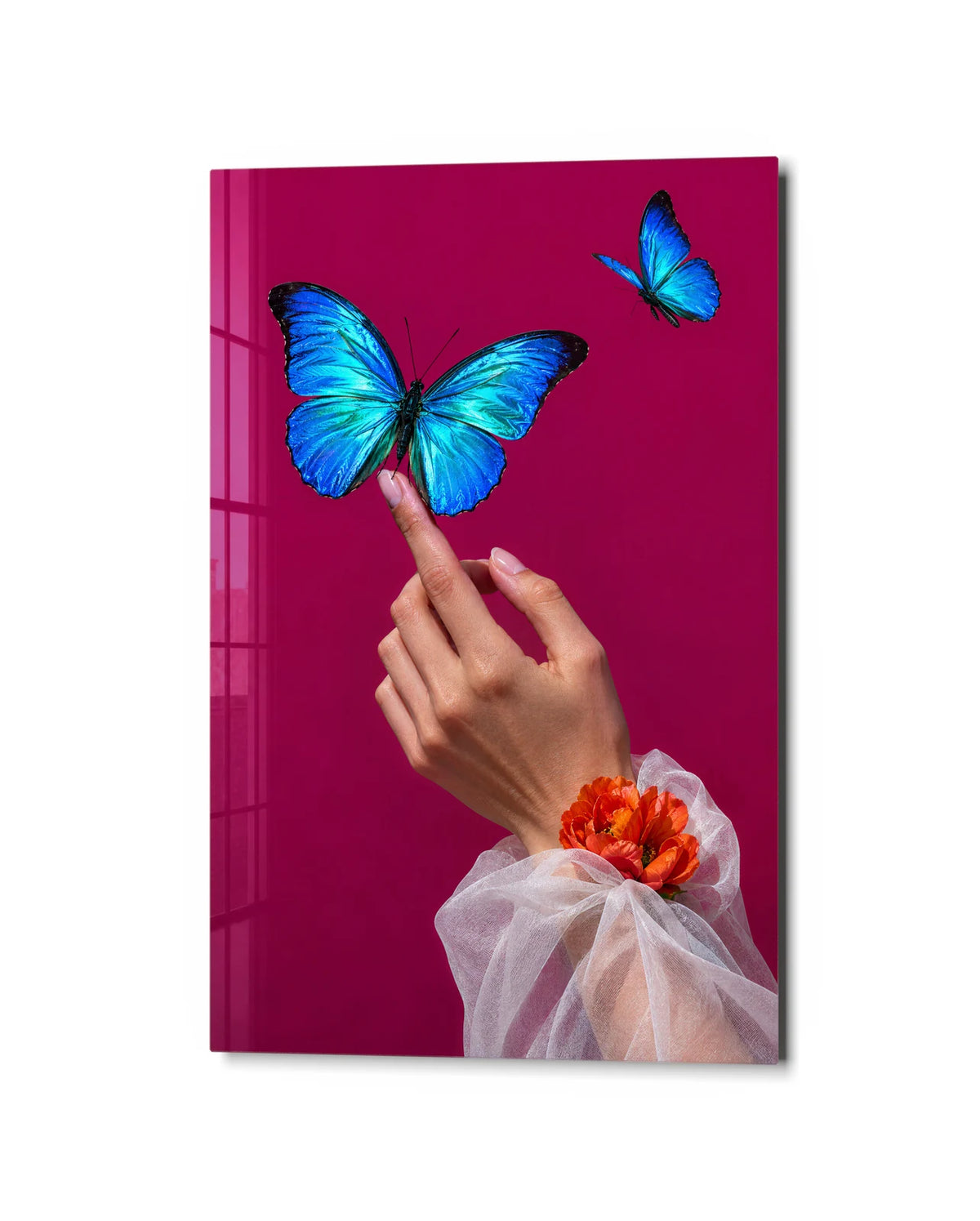 Morpho on a Fingertip — studio view of glass wall art